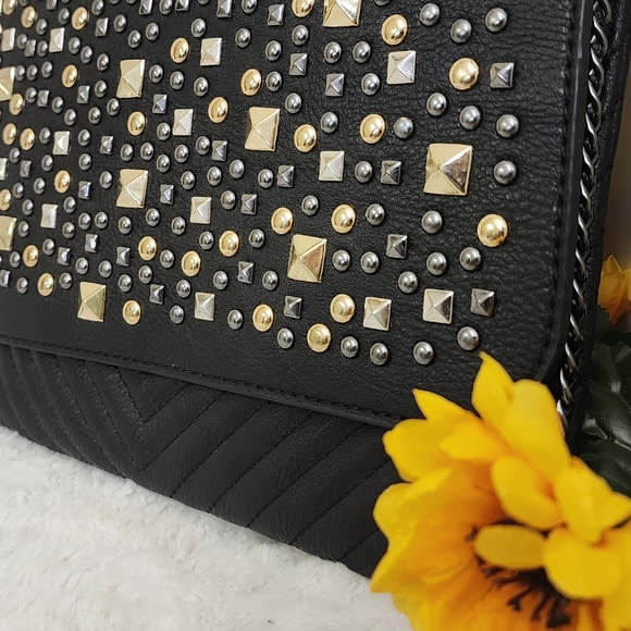 Black Studded Crossbody Bag with Chain Strap - Picture 2 of 8
